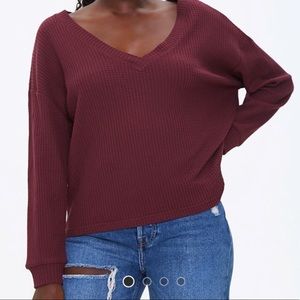 Cute V Neck Waffle Knit Sweater Red Burgundy